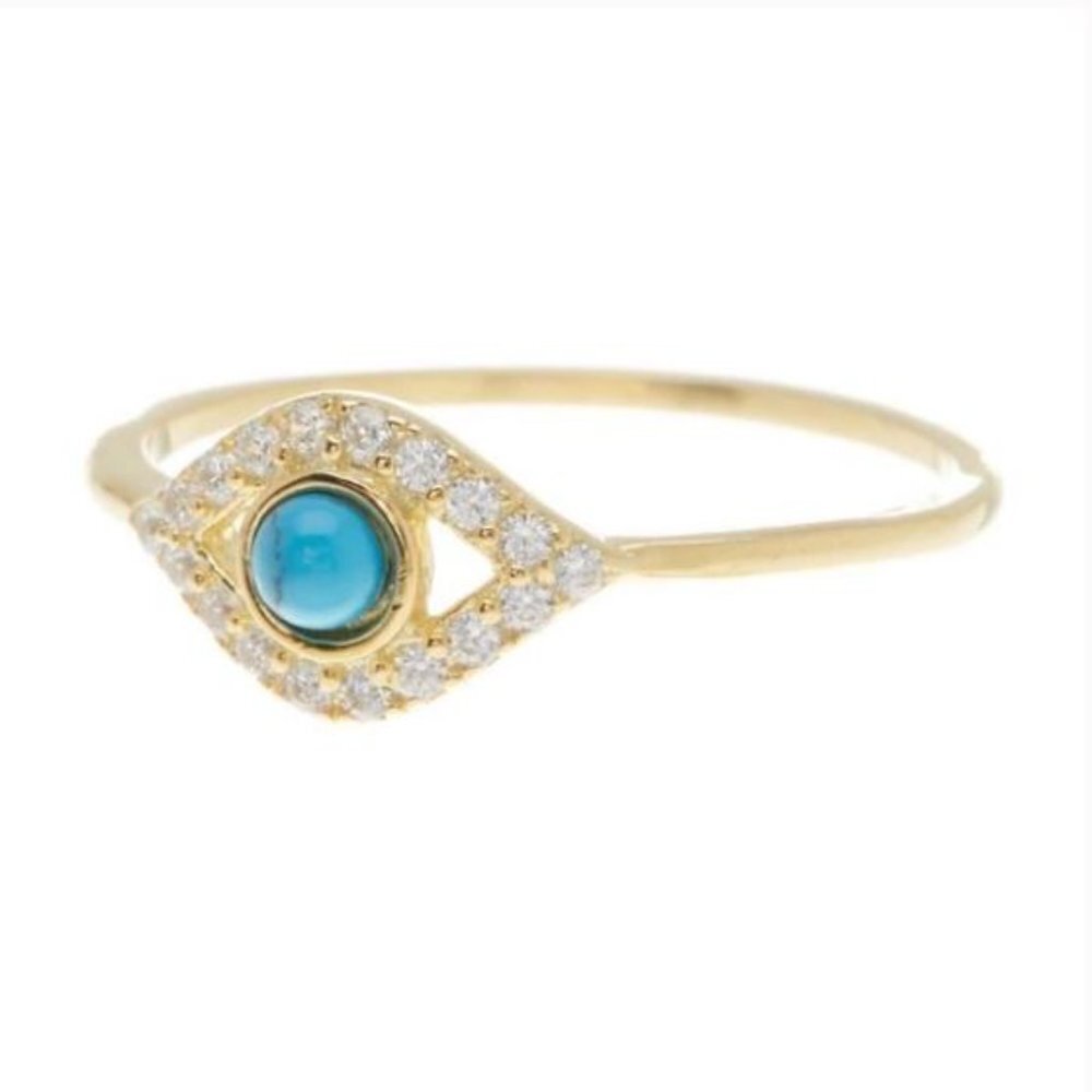 14k Yellow Gold Plated Turquoise & Swarovski Crystal Accented Evil Eye Ring NWT - Picture 4 of 7